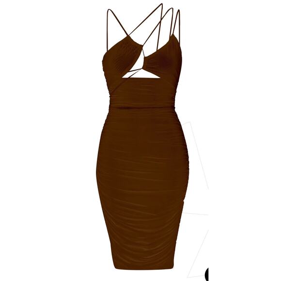 LEAU Dresses & Skirts - NWT LEAU Seoul Strap Cut-out Mesh Bodycon Dress Strappy Ruched Brown Sz XS Sexy